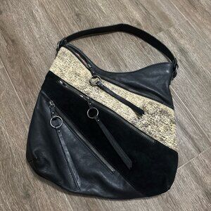 Original by Sharif Patchwork Genuine Leather Cowhide Suede Hobo Purse Black Bag